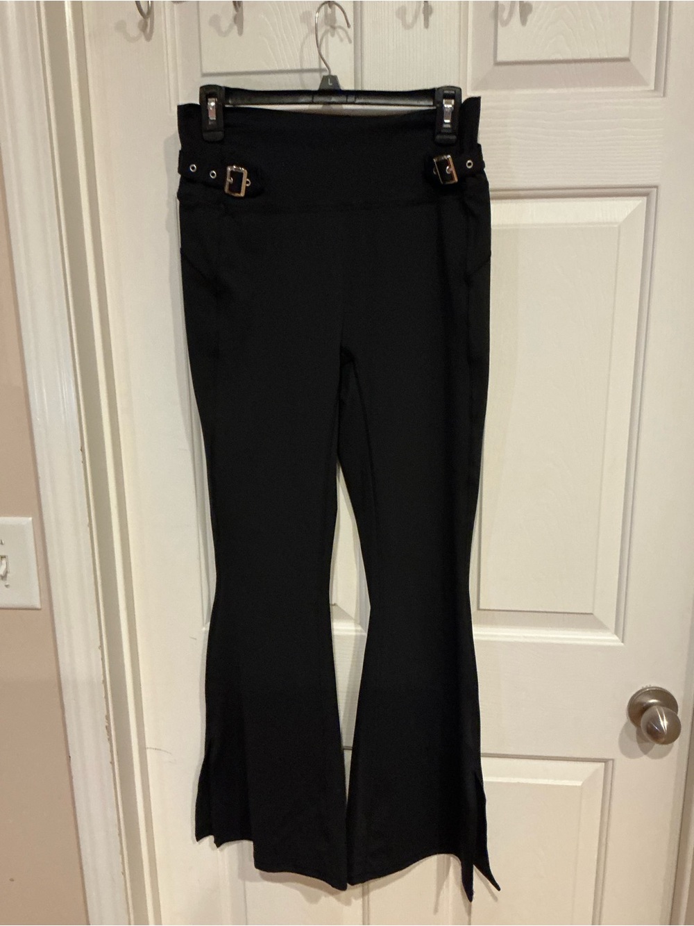 HALARA Black High-Waist Flare Pants with Buckle Accents